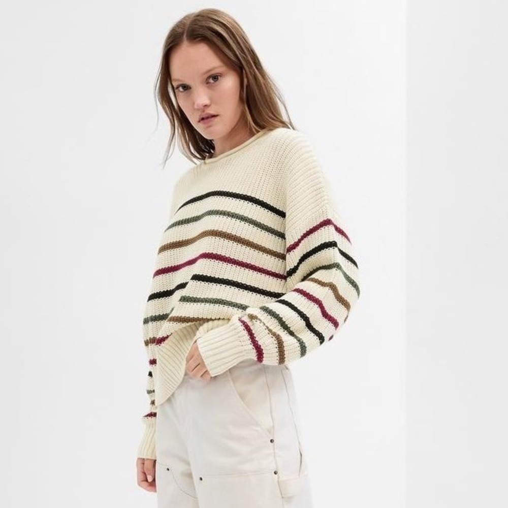 Gap Relaxed Shaker Knit Sweater Womens Medium Cream Striped Cotton Roll Neck